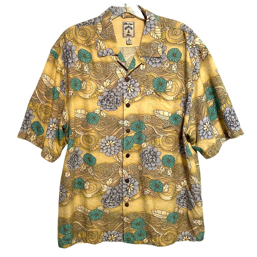 Montego Mon Silk Camp Shirt Mens Medium Yellow Tropical Aloha Floral Button